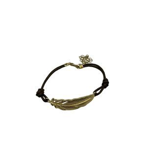 Adjustable Small Feather Bracelet Goldtone and Brown Leather
